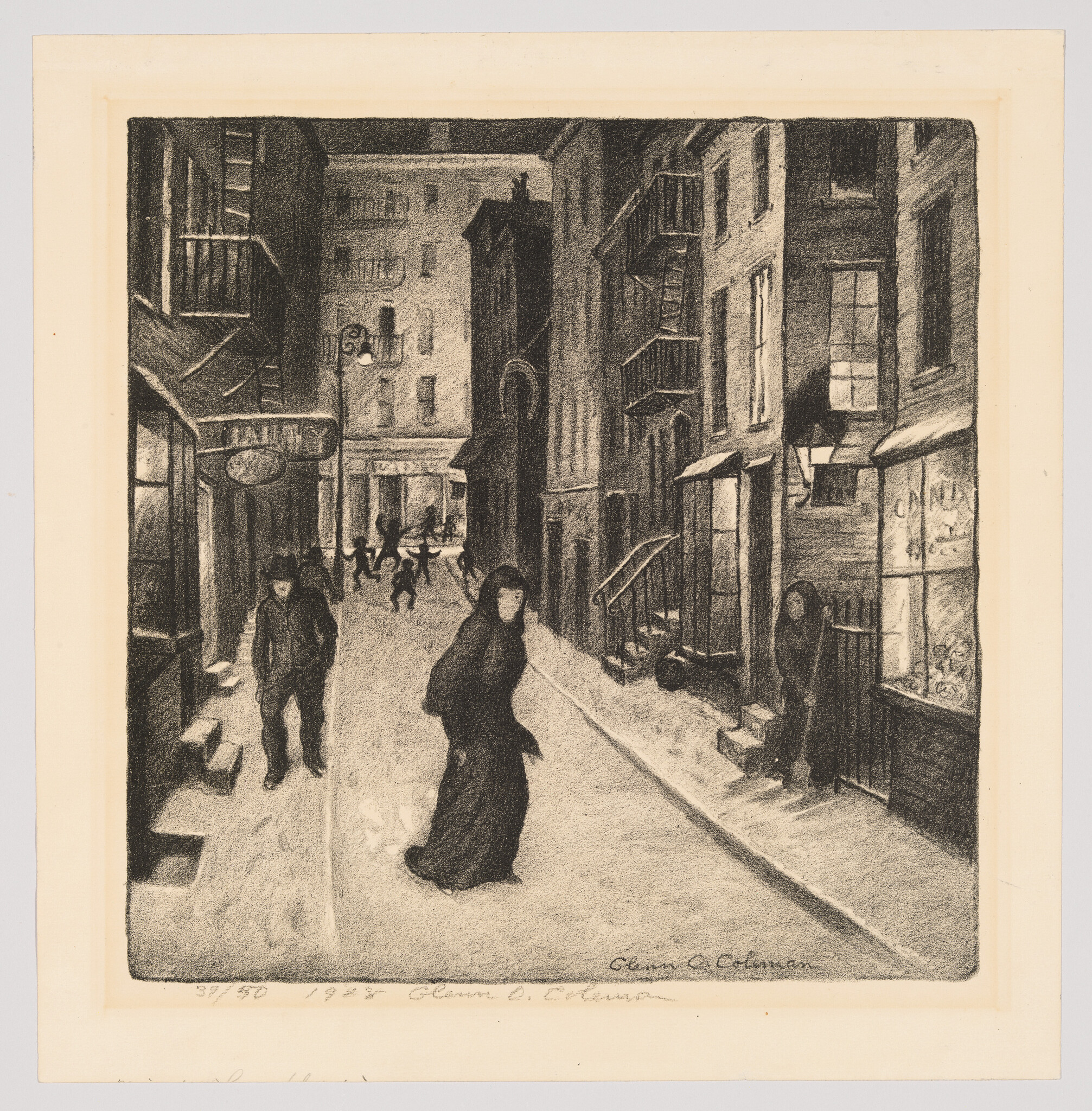 A lone woman in a dark cloak walks down a snowy narrow city street at dusk.