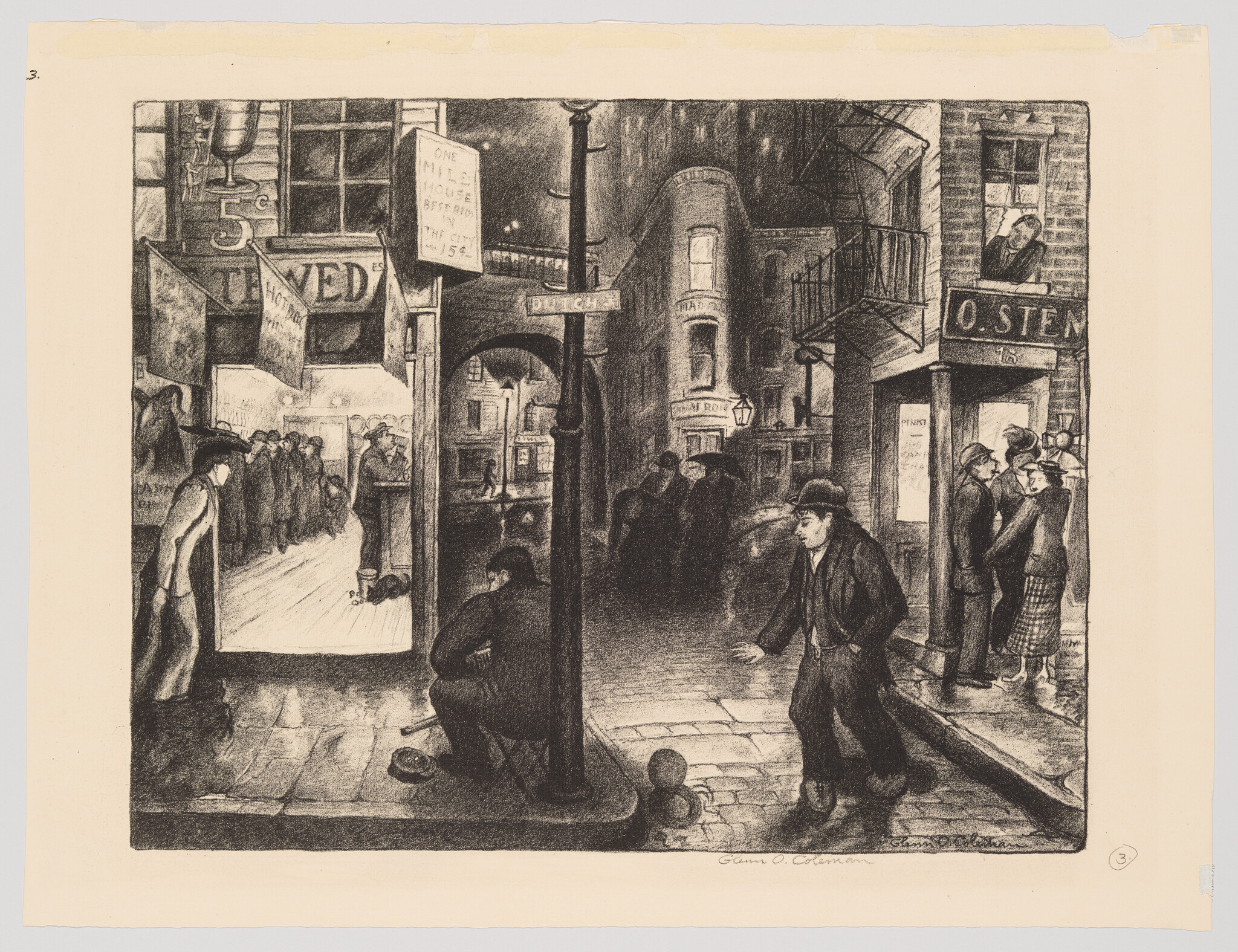 A man walks across a dim city street at night while people gather near shop doorways.