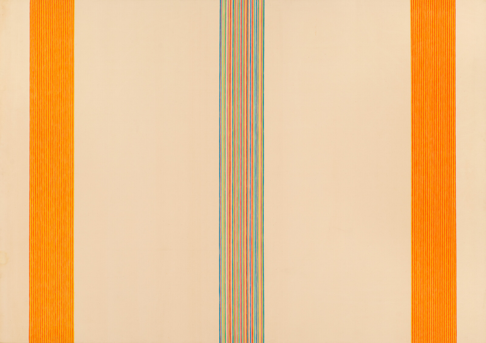 Beige canvas with narrow multicolored vertical stripe in center and two wide orange striped bands.
