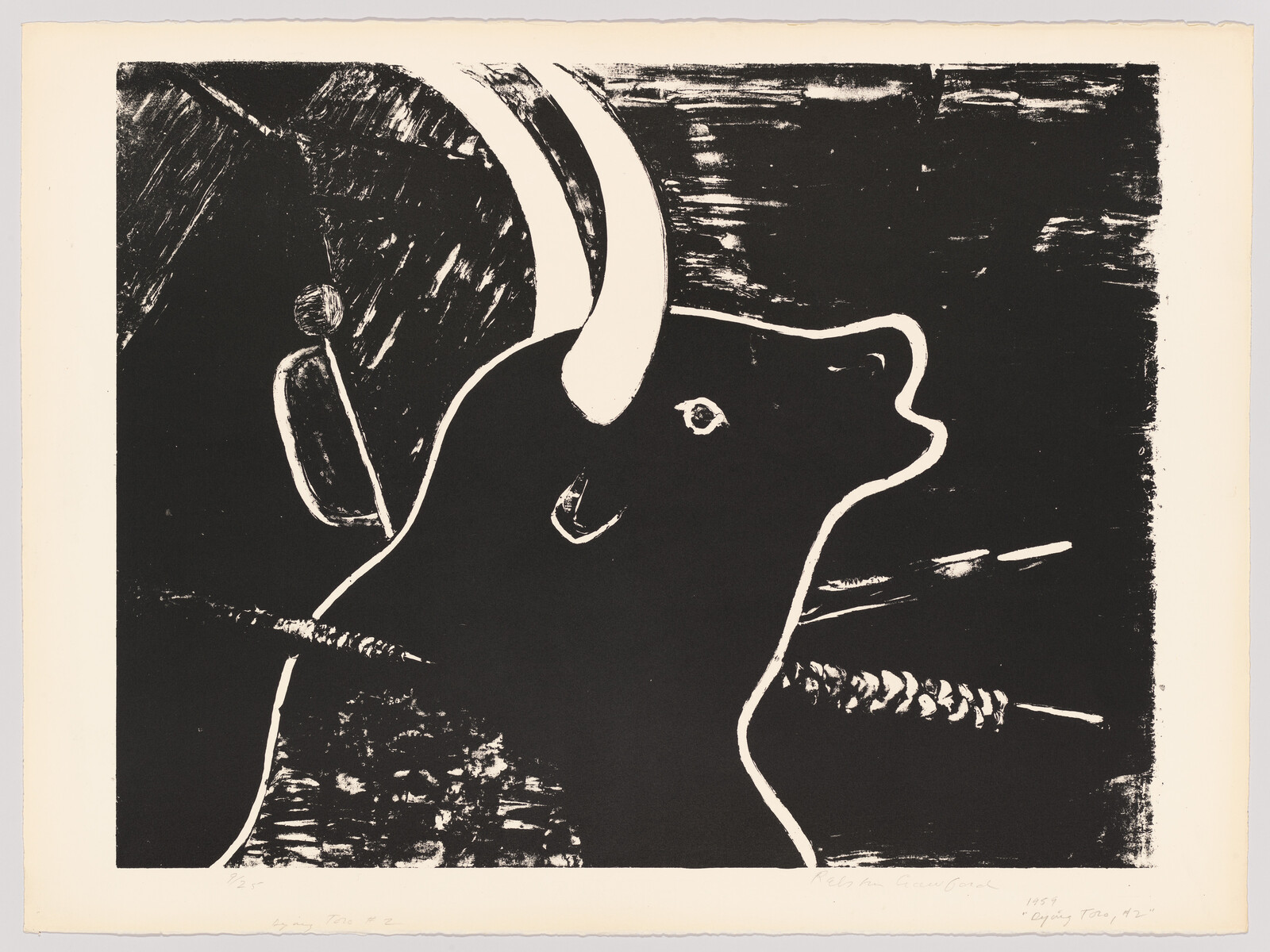 Large black silhouette of a bull with tall horns facing right against a textured background.