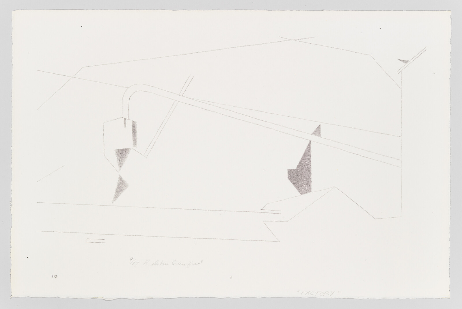 Simple pencil sketch of factory roof with a curved pipe and two hanging chutes.