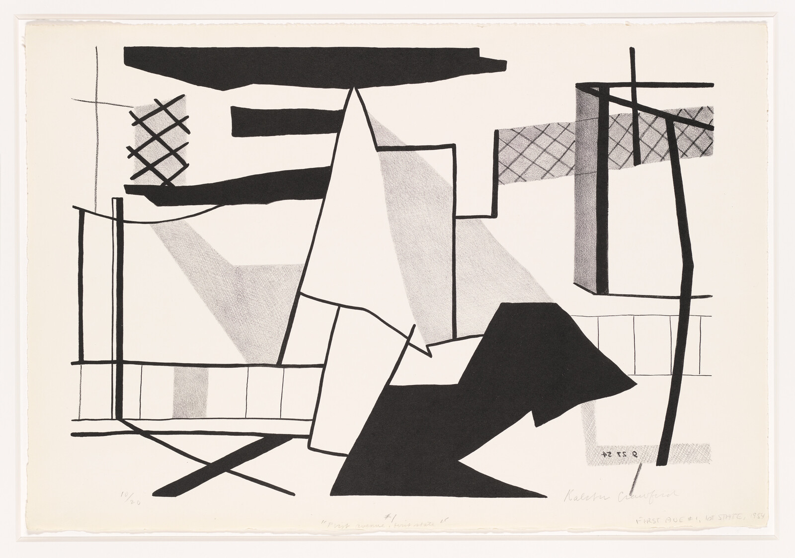 Abstract black-and-white geometric shapes and intersecting lines suggest an architectural composition.