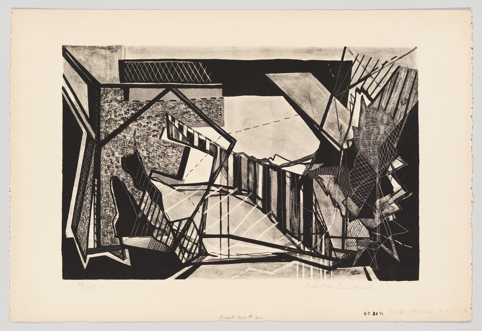 Black-and-white abstract print of intersecting geometric shapes and textured patterns.