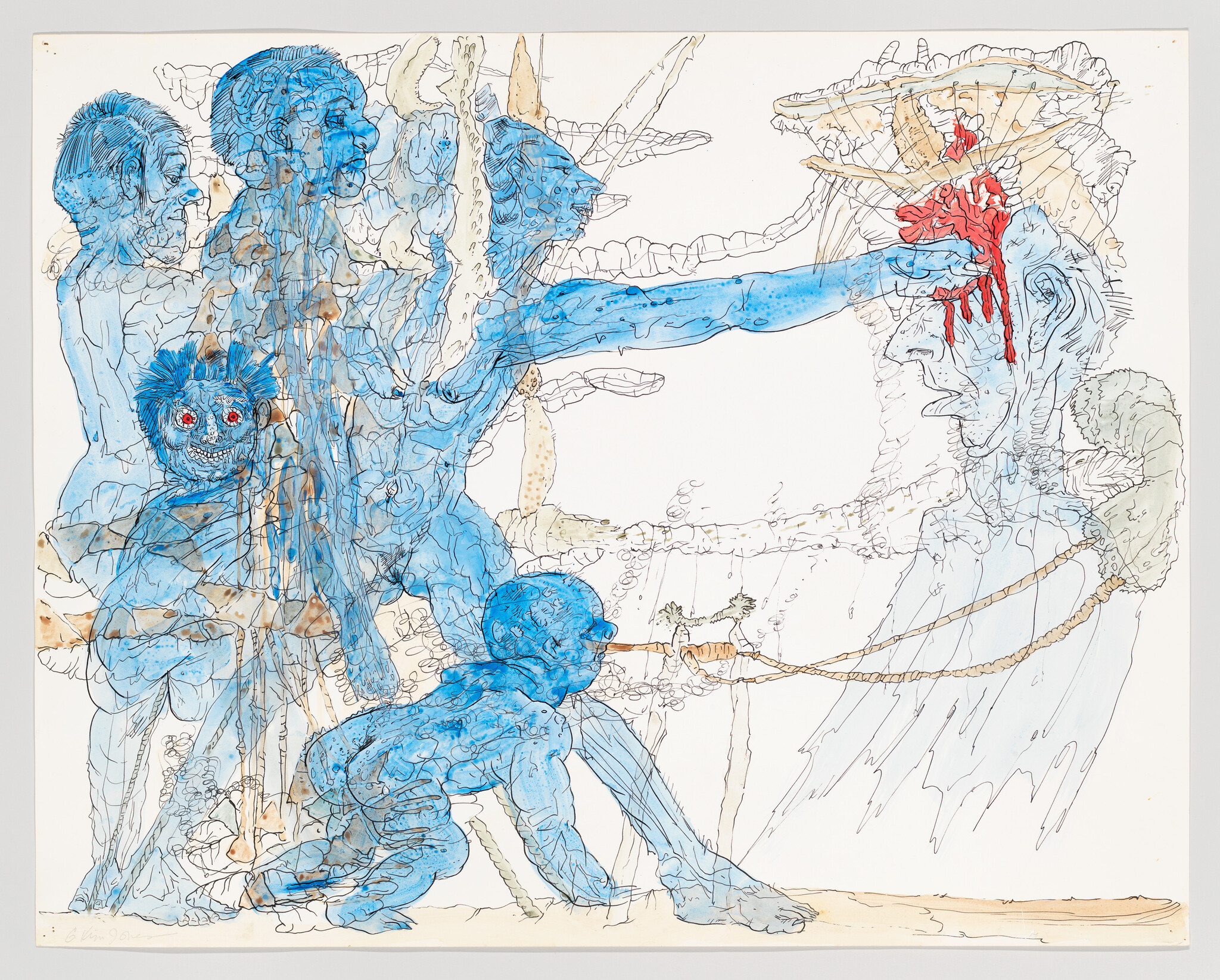 Several blue humanoid figures attack a pale figure while one presses a bleeding wound on its head.