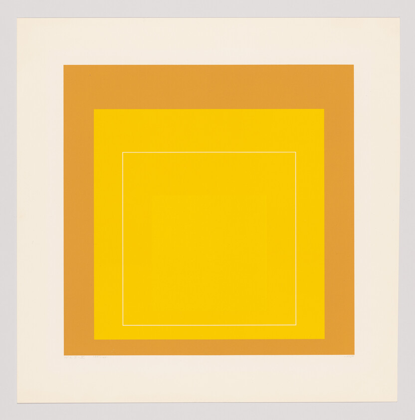 Concentric squares in yellow and orange layered inside a wide cream border.