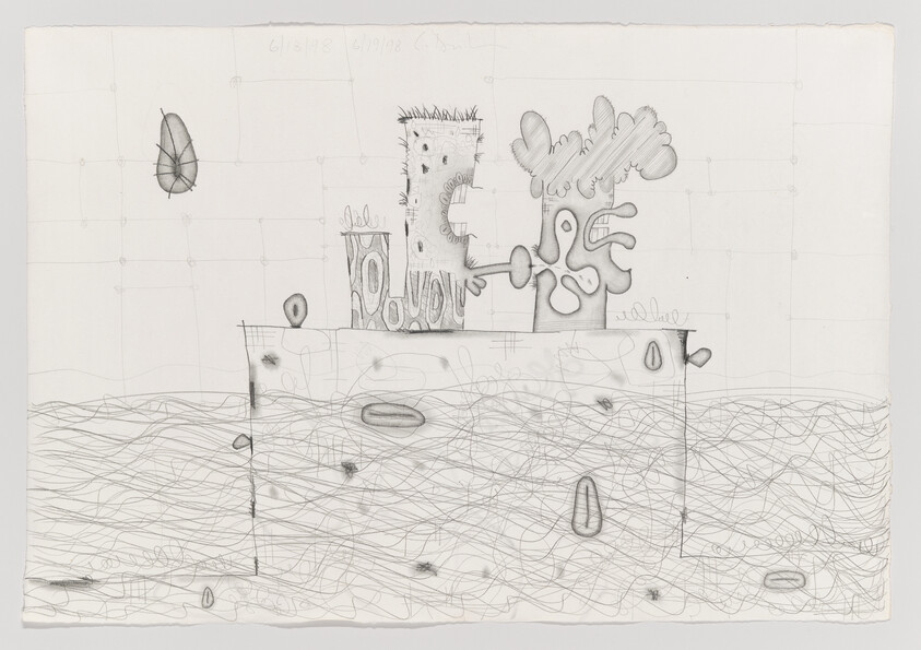A pencil drawing of a rectangular platform with abstract tree-like forms and scribbled water below.