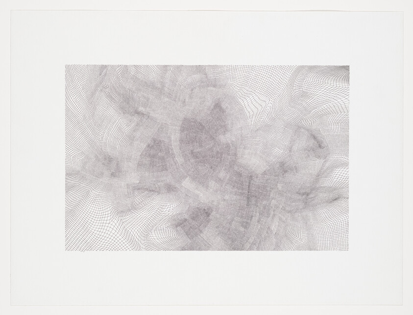 Abstract gray grid mesh overlaid with soft cloudy shapes forming a distorted wave pattern.