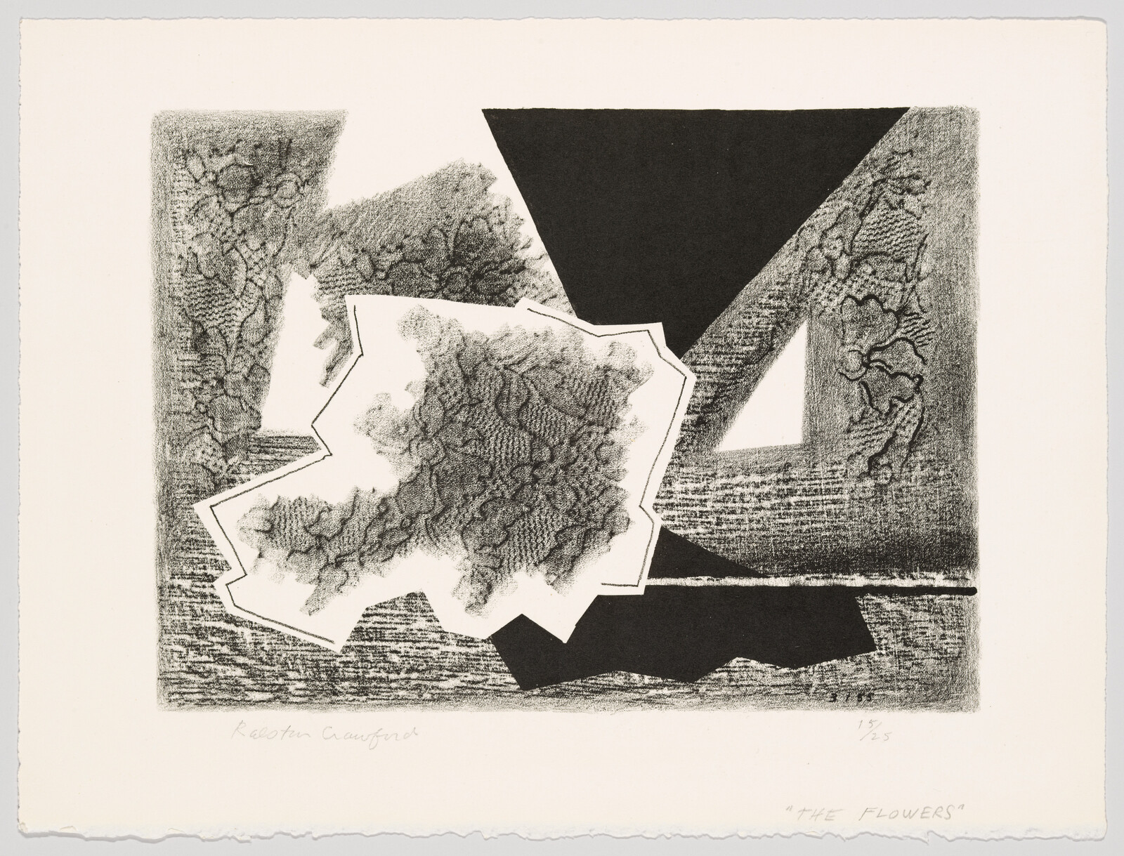 Abstract composition with layered geometric shapes and lace-like floral textures in black and white.