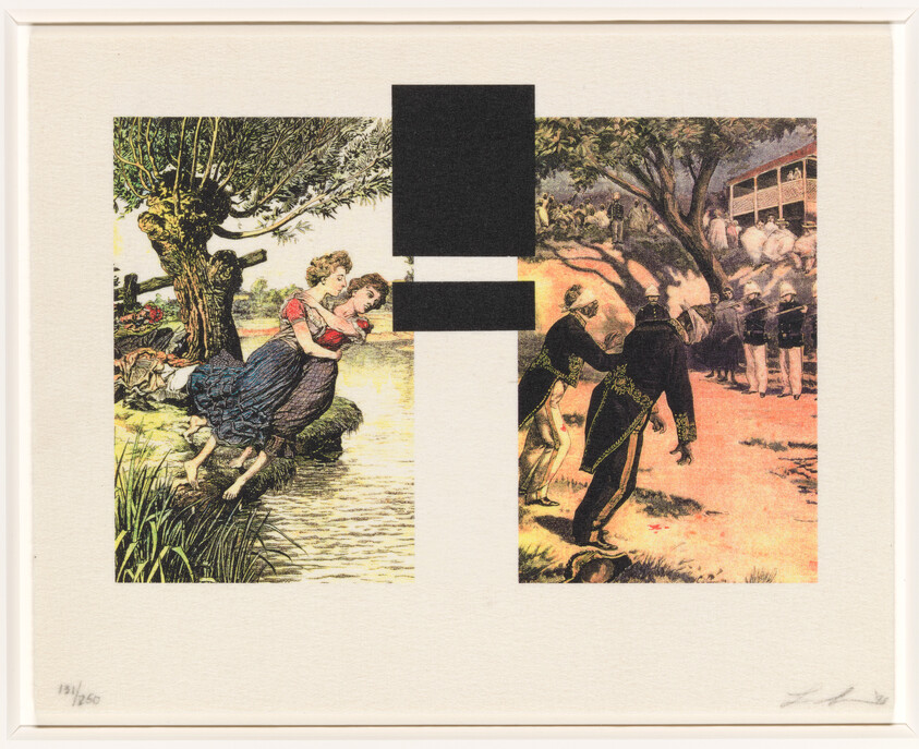 Two vintage scenes side by side showing women at a river and soldiers with black rectangles obscuring parts.