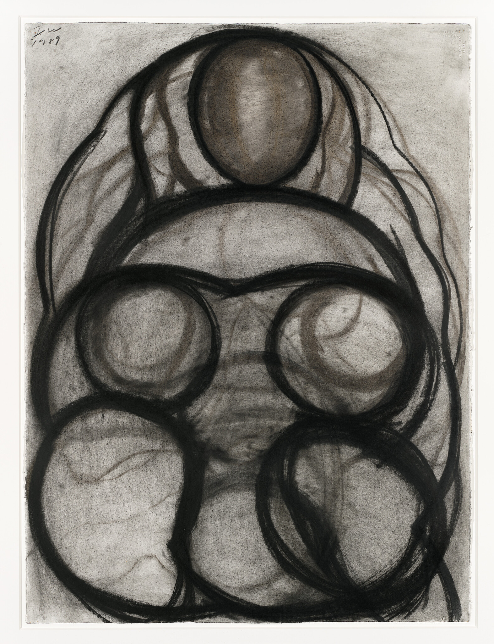 A charcoal drawing on paper featuring an abstract composition of overlapping circles and ovals with bold outlines, creating a sense of depth and movement. The artist's signature and the year '97' are visible in the top left corner. The background has a textured appearance with variations in shading.