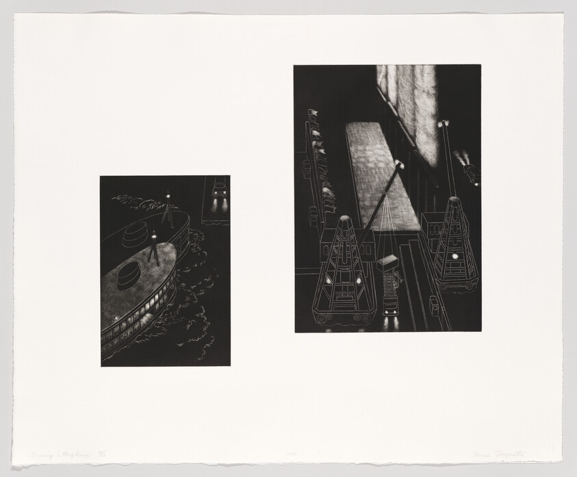 Two small black-and-white vignettes showing a ship docked at night and cranes loading cargo.