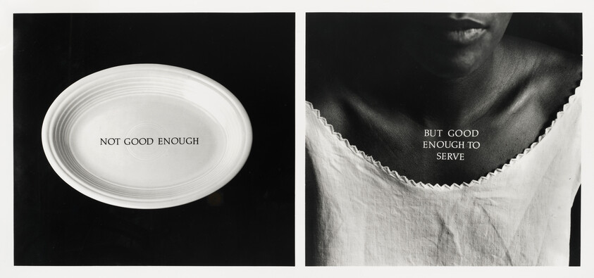 Empty plate labeled "Not good enough" beside a woman's neckline reading "But good enough to serve".