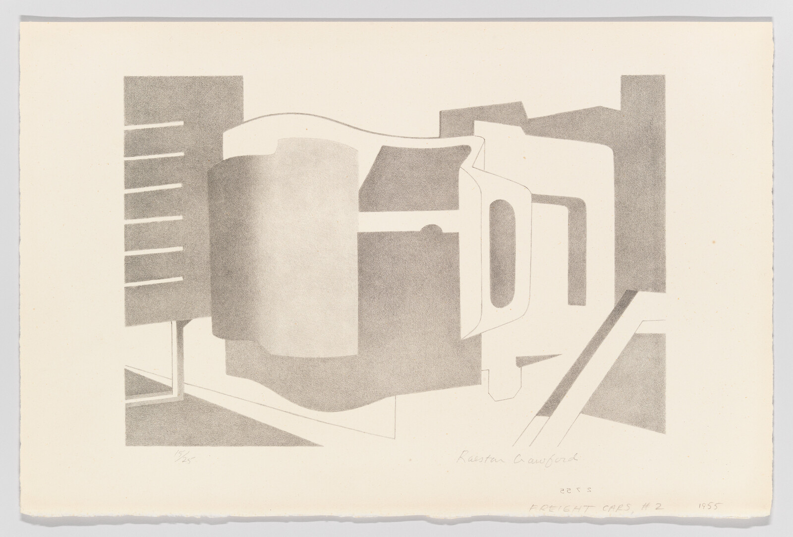 Abstract grayscale composition of overlapping geometric shapes suggesting train freight cars and tracks.