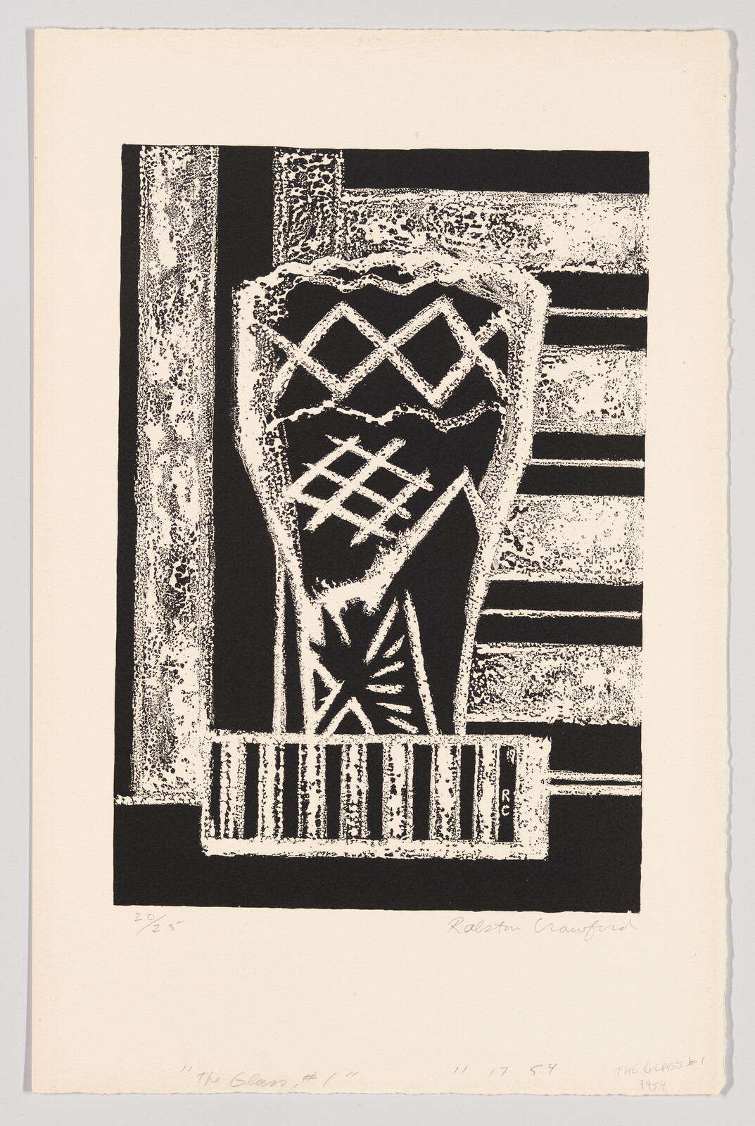 Bold black-and-white print showing an abstract patterned vase framed by striped borders.