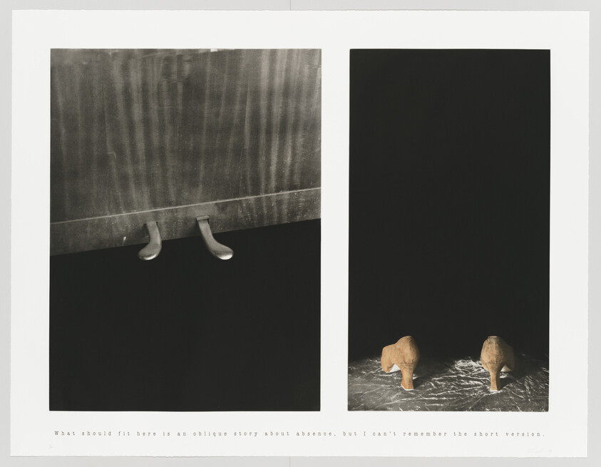Piano pedals on left panel and two wooden shoe lasts on right panel against black background.