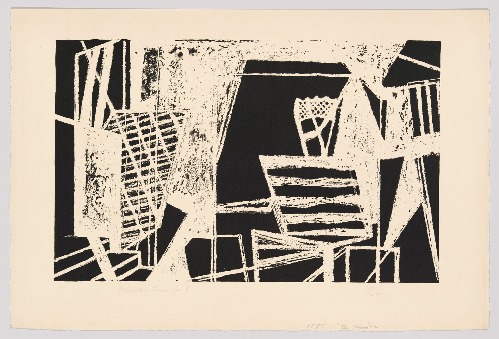 Abstract black-and-white composition of overlapping geometric shapes and striped chair-like forms.