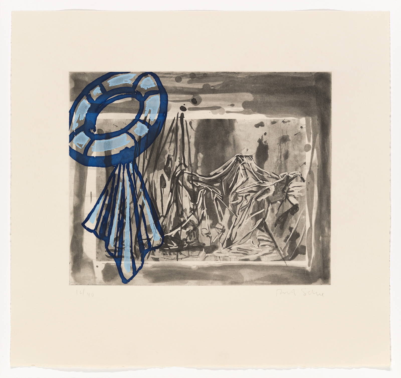 Blue life preserver with hanging cloth overlays a grayscale scene of draped fabric and shadows.