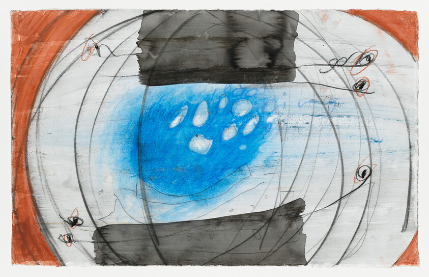 Central blue organic shape surrounded by dark brushstrokes, curved pencil lines, and reddish corner accents.