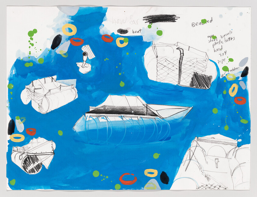 Sketches of boats and rafts floating on a bright blue painted background with colorful rings.