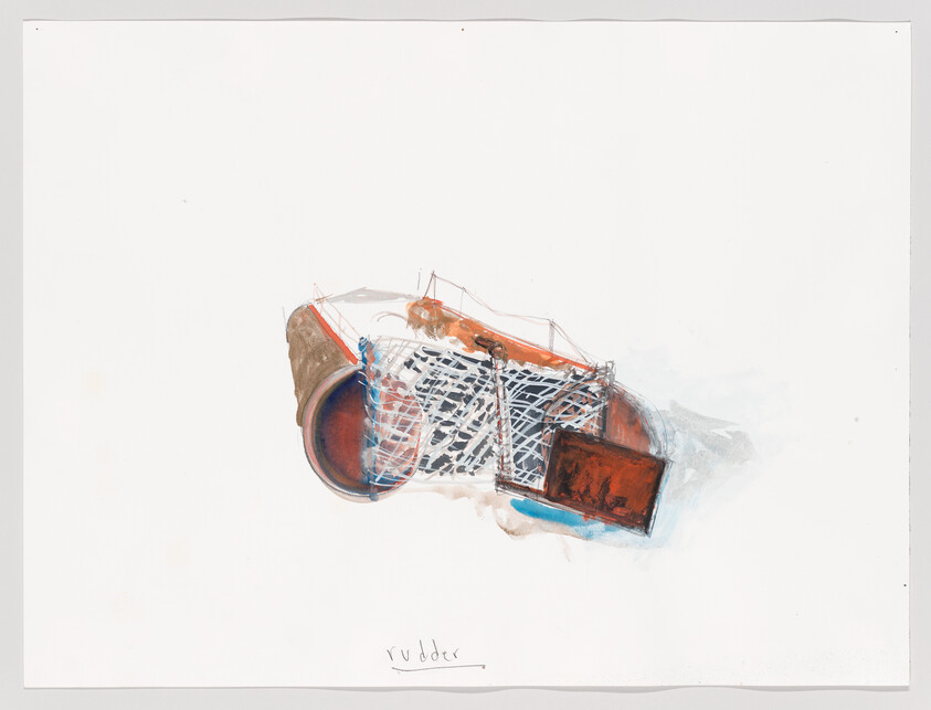 A watercolor painting of a worn lobster trap with buoys and netting on a white background.