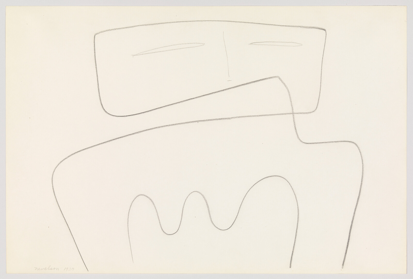 A minimal pencil drawing of a rounded rectangular head above an abstract body with three rounded humps.