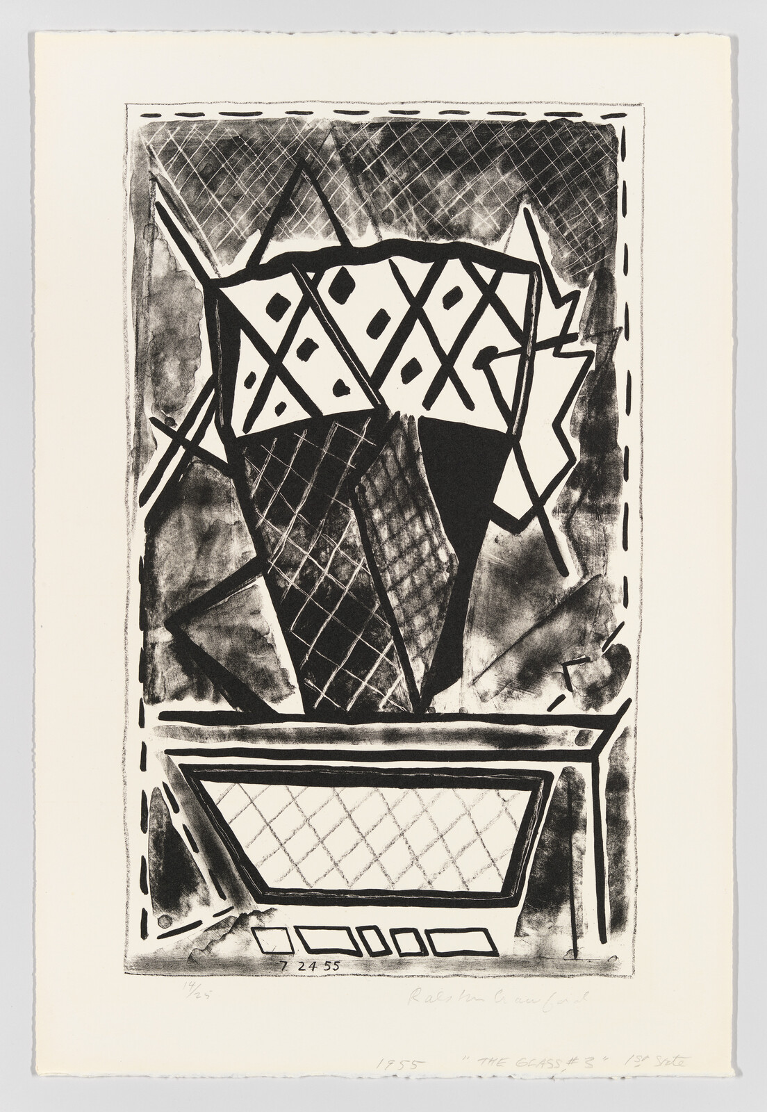 Abstract black-and-white geometric vase with crosshatched patterns sitting on a rectangular table.