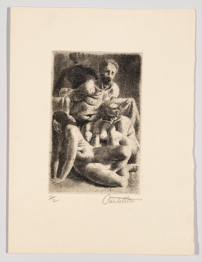 Three nude figures closely grouped, one leaning forward and another reclining in a dim studio setting.