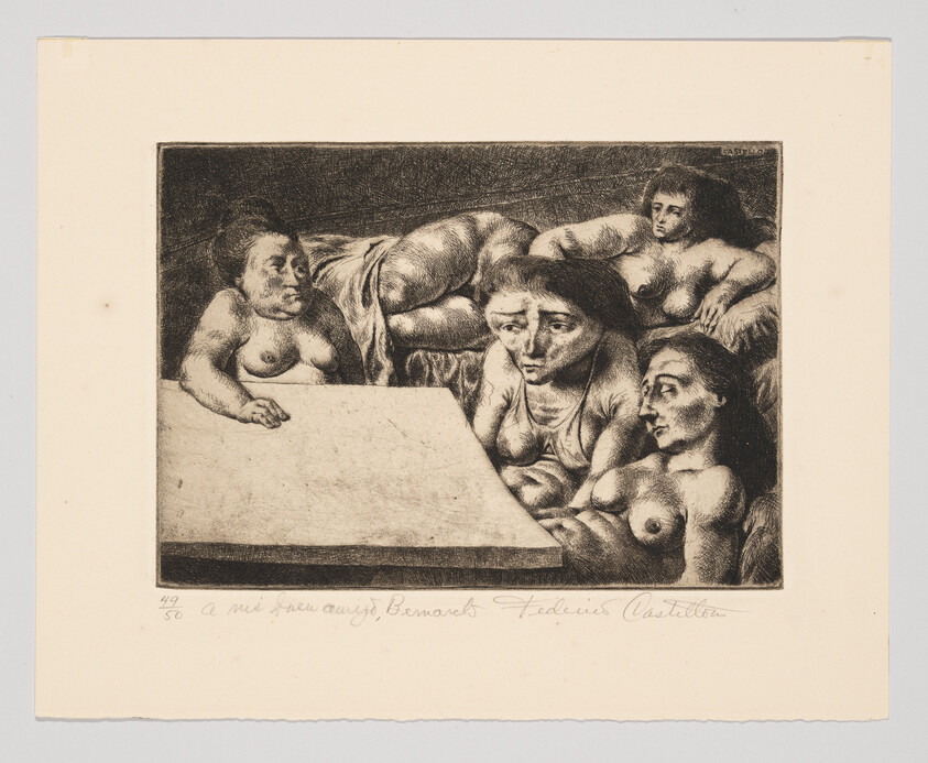 Four nude women gathered around a table, looking tired and contemplative.