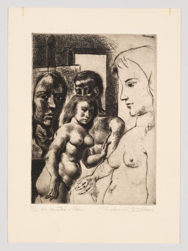 Three nude figures and two faces grouped closely, one reaching toward another.
