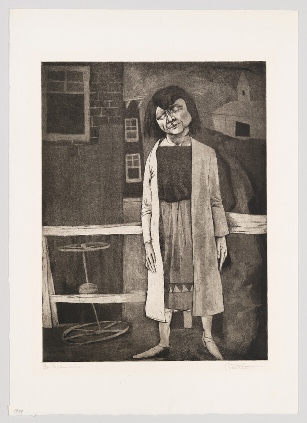 A woman stands leaning against a wooden railing with her head tilted and hands at her sides.