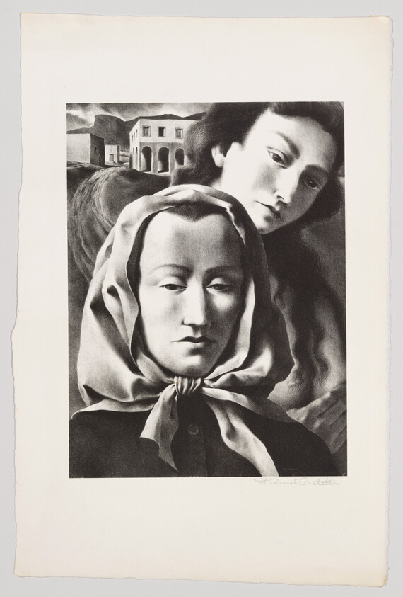 A woman wearing a tied headscarf looks forward while another woman leans over her shoulder.