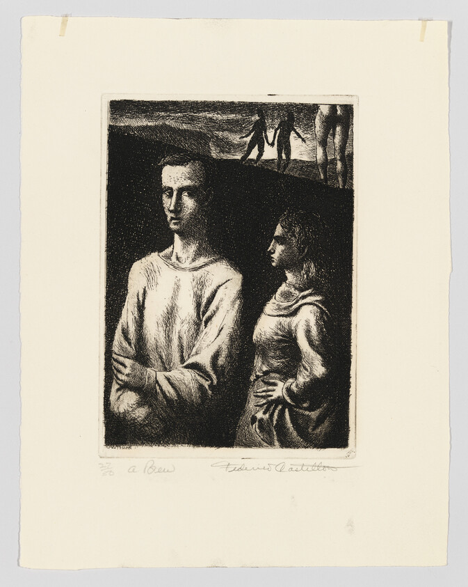 A solemn man with arms crossed and a woman with hand on hip stand before distant figures.