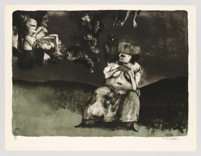 A seated woman clutching her chest watches ghostly figures hovering above her.
