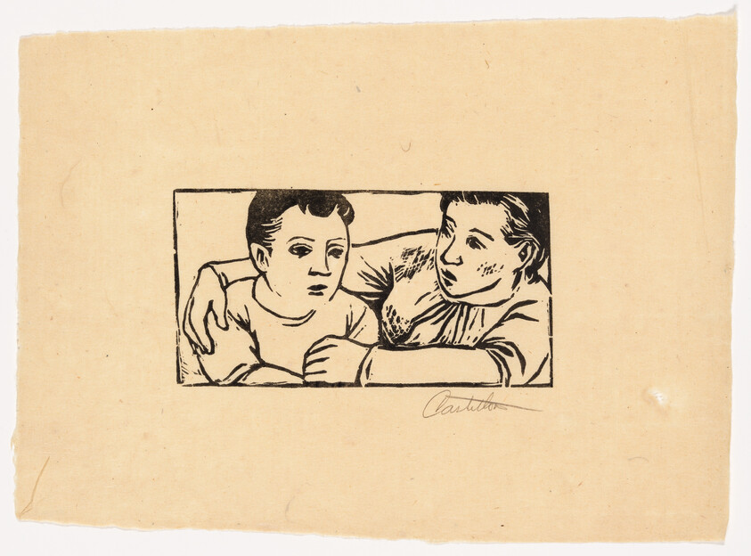 A black and white print of two individuals leaning on a surface with their elbows, appearing to be in conversation. The person on the left gazes forward with a neutral expression, while the person on the right, who has their arm around the other's shoulder, looks at them with a slight smile. The artwork is signed at the bottom right.