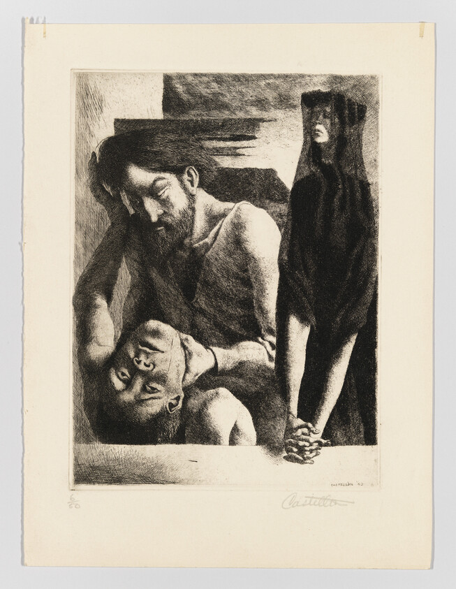 A bearded man supports another man's head while a shrouded woman stands with clasped hands.