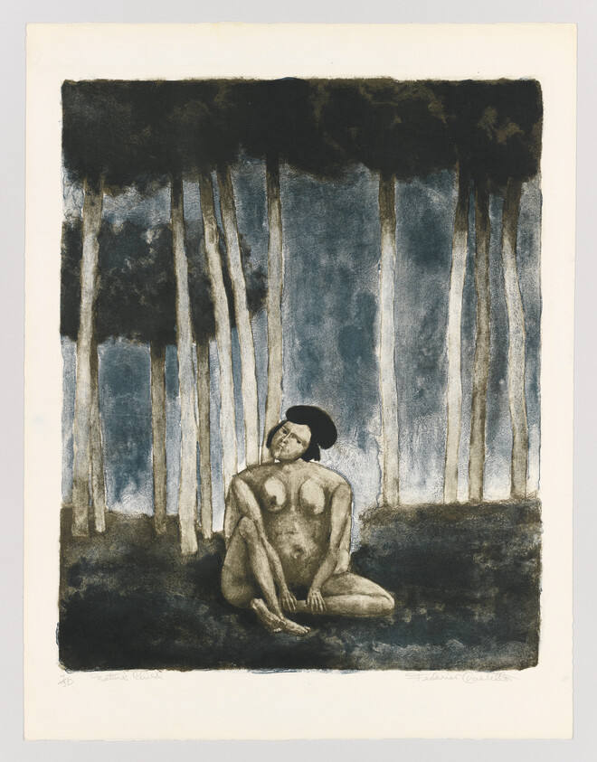 A nude woman sits on the forest floor among tall thin trees, looking upward thoughtfully.