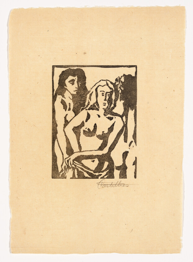 Three stylized nude women stand close together in a black ink block print on paper.
