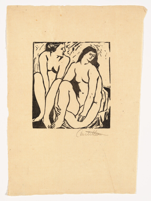Two seated nude women in a black-and-white woodcut style print, one looking toward the other.