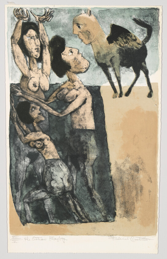 Three human figures reach toward a winged dog-like creature standing on a ledge.