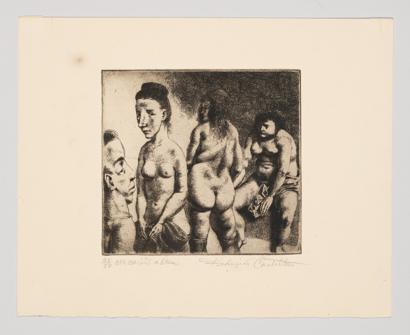 Four nude figures stand and sit in a small interior, two facing forward and one seen from behind.