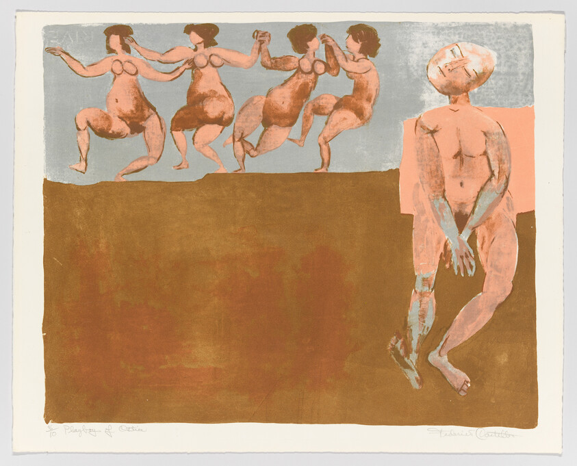 Five nude figures with four dancing in a row above and one standing pensively to the right.