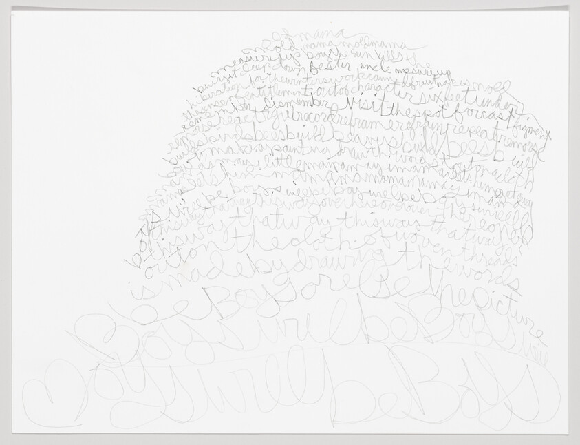 Pale pencil handwriting forms a dome-shaped cluster of overlapping cursive words on white paper.