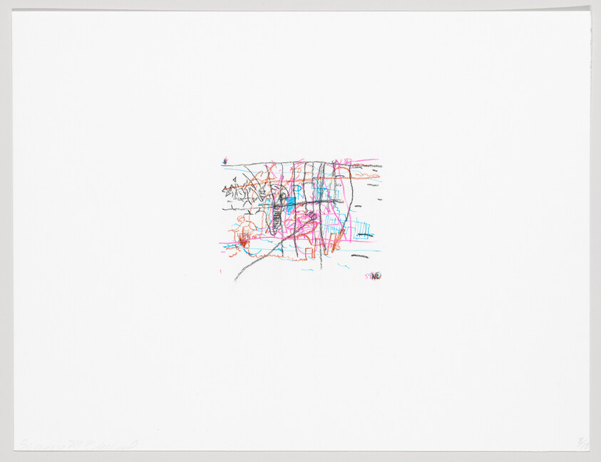 Small colorful abstract scribble drawing centered on a large white sheet of paper.
