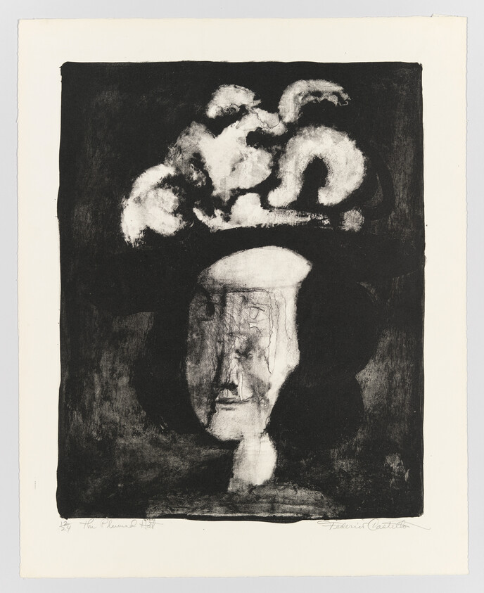 A dark monochrome print shows a somber human face with cloud-like shapes above the head.