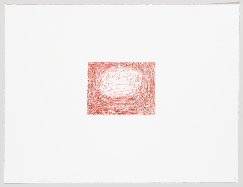 Small red scribbled rectangle with handwritten notes and arrows in the center of a large white page.