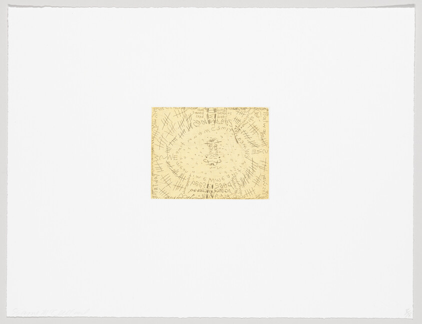 Small yellow square with circular scribbles and tally marks centered on a large white page.