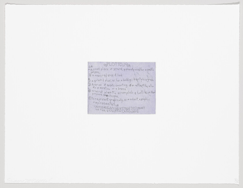 A small handwritten note with dictionary-style definitions of plot centered on a large white sheet.