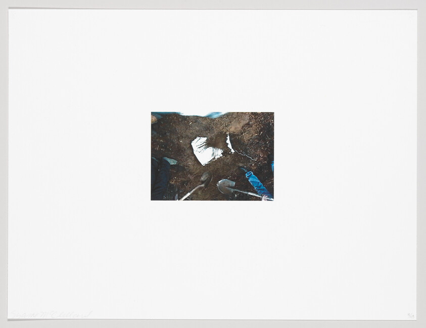 Several people use shovels to dig and uncover a white object in soil.