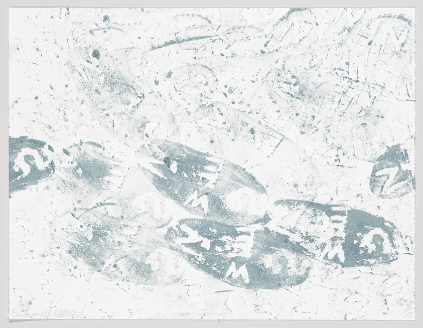 Faded blue shoe prints and smudges scattered across a white textured background.