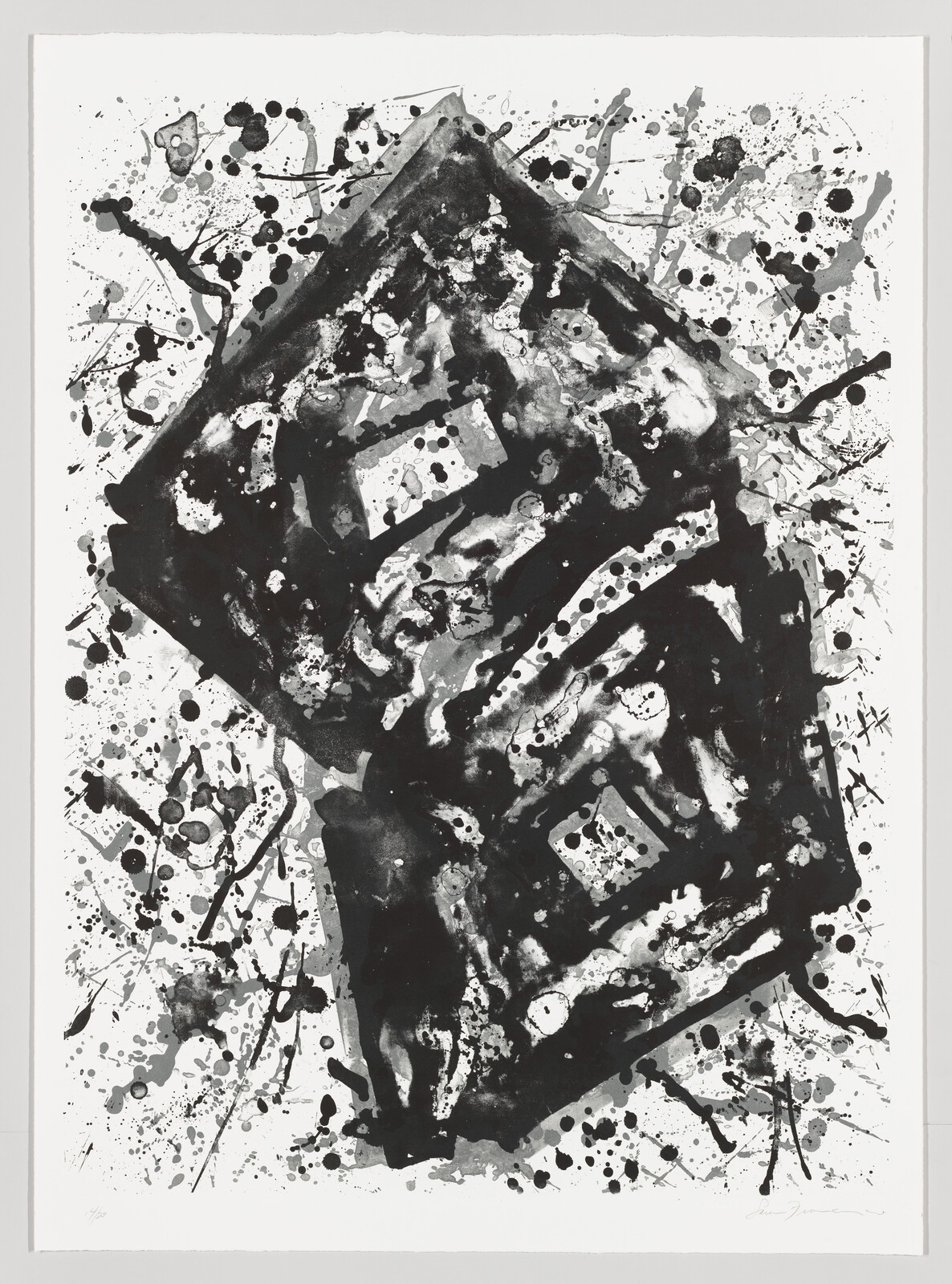 Bold black ink splatters form a rotated diamond shape with layered textures and scattered splashes.